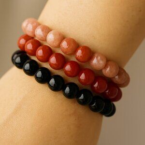 NWOT 8mm Gemstone Bracelet Stack – Sunstone, Carnelian, Obsidian